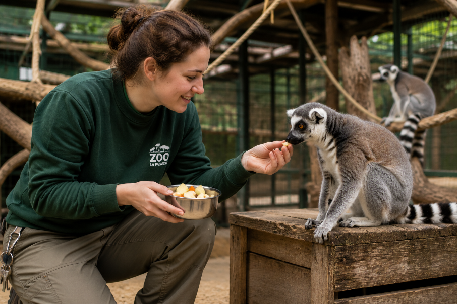 Une soigneuse animalière donne de la nourriture à un animal dans un zoo
