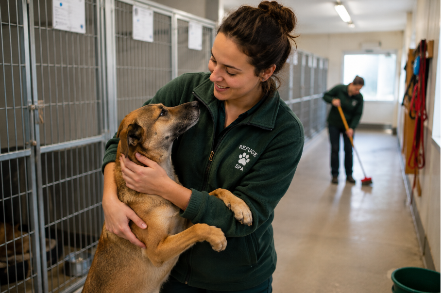 Une soigneuse animalière s'occupe d'un chien au sein d'un refuge pour animaux abandonnés
